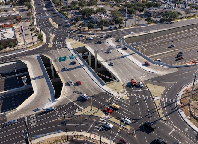 Aerial view of the Loop 1604 and Blanco Road interchange in San Antonio, Texas