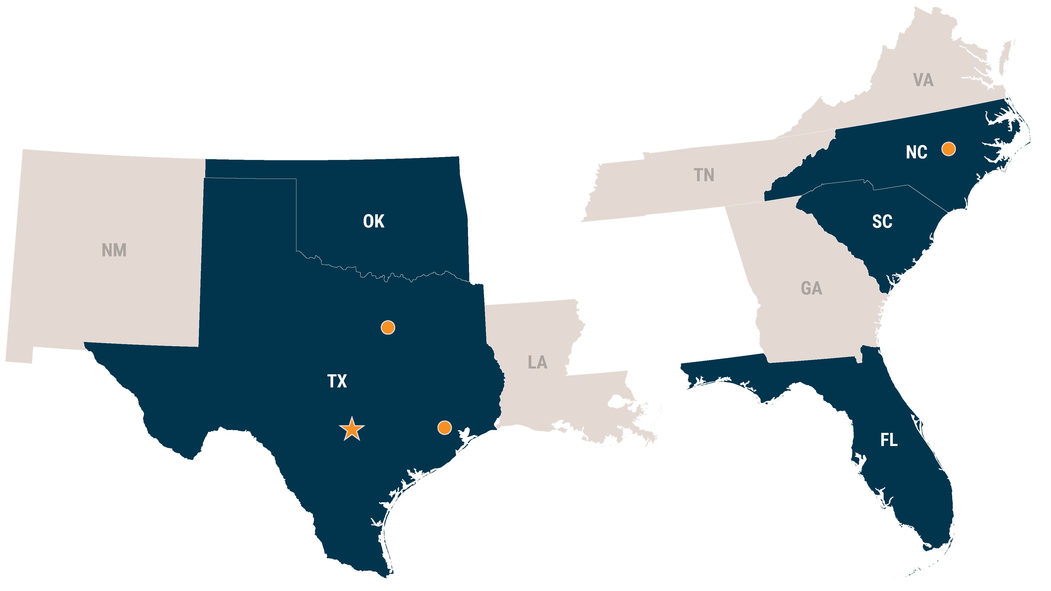 Map of Zachry Construction regional operations in Texas, Oklahoma, North Carolina, South Carolina and Florida, with office locations indicated in Texas and North Carolina.