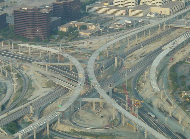Aerial view of the High Five US-75 and IH-635 interchange under construction in Dallas, Texas