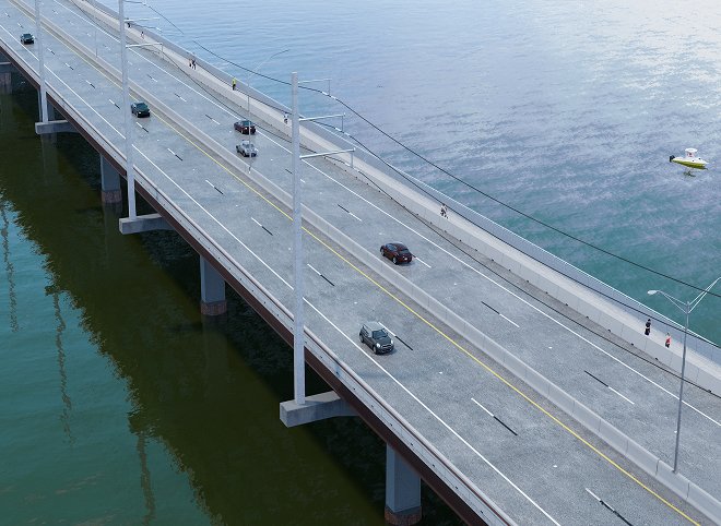 Aerial view of the Roosevelt Memorial Bridge over Lake Texoma, Oklahoma