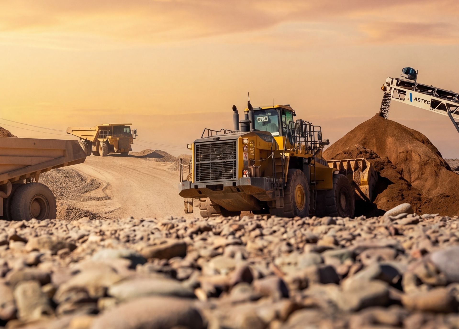 Heavy equipment moving aggregate at a construction materials facility