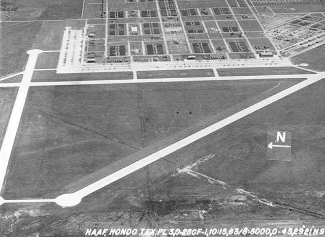 Aerial view of Hondo Airfield in Hondo, Texas, completed by H. B. Zachry in 1942