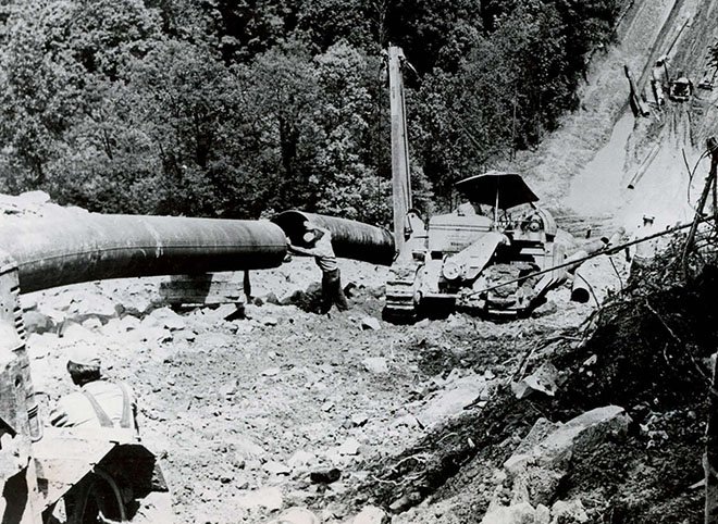 Pipeline construction through rugged terrain in Tennessee and Kentucky for the 1950 &ldquo;Big Inch&rdquo; project