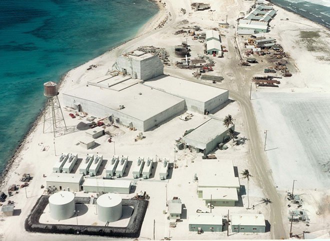 Aerial view of the Nike Zeus anti-missile testing facilities in the Marshall Islands