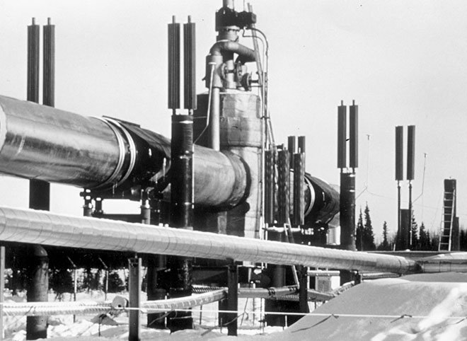 Section of the Trans-Alaska Pipeline System under construction in Alaska