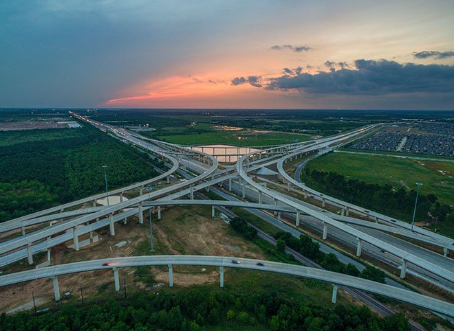 Aerial view of the Grand Parkway SH-99 highway interchange in Houston, Texas