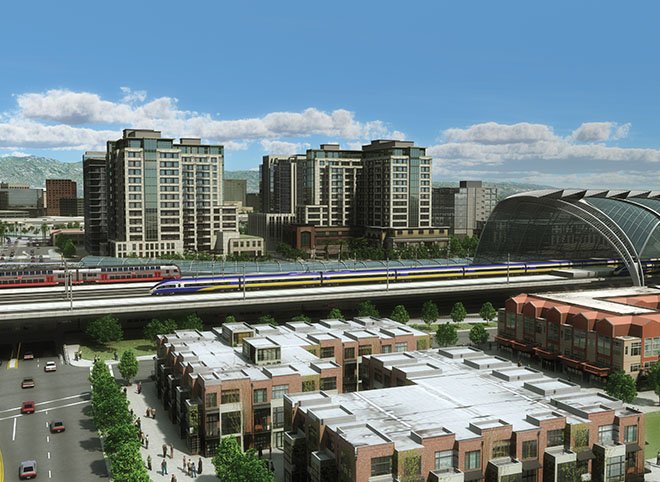 Rendering of the planned California high-speed rail line through Fresno, California