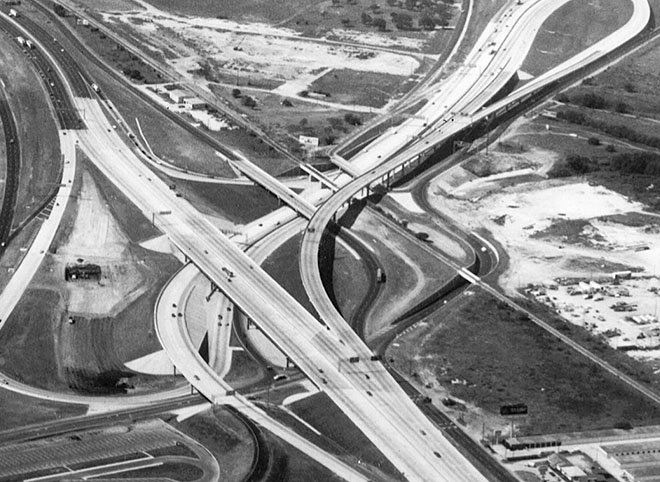 Aerial view of the reconstructed North Loop 410 and I-35 interchange in San Antonio, Texas