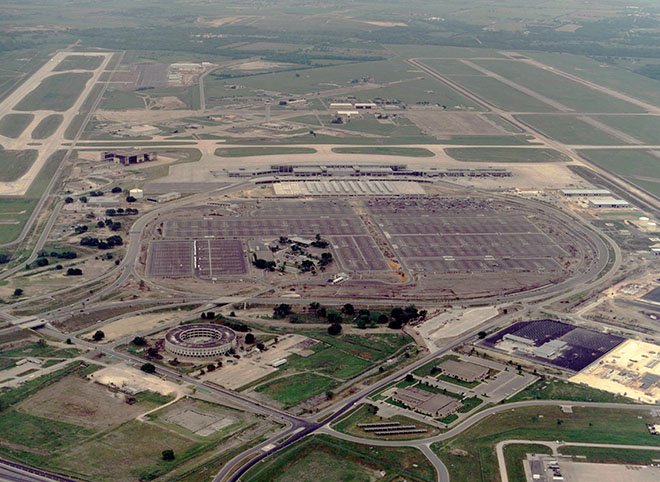 Aerial view of Bergstrom Air Force Base during its conversion to an airport in Austin, Texas