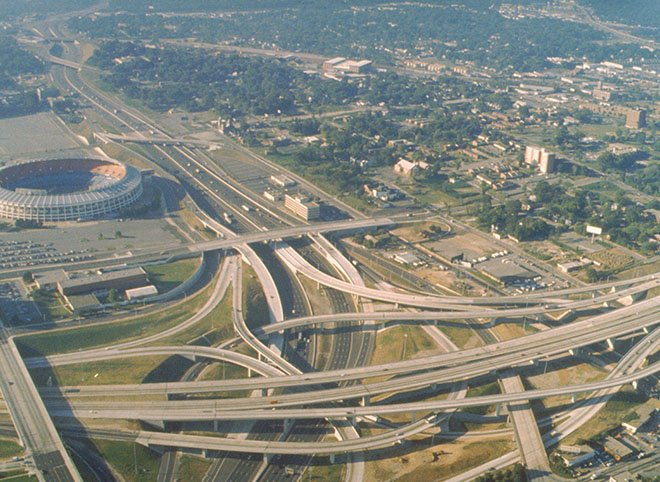 Aerial view of the I-75 and I-20 highway interchange in Atlanta, Georgia