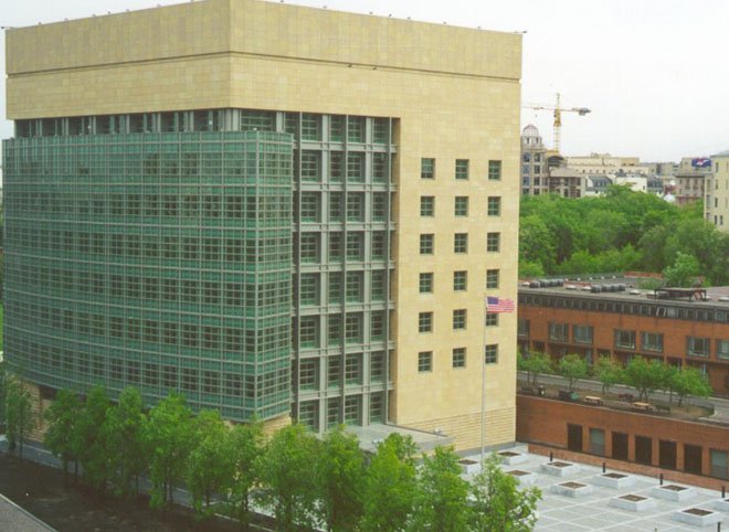 Exterior of the reconstructed U.S. Embassy building in Moscow, Russia