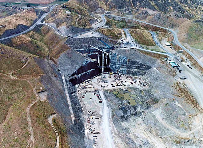 Aerial view of West Dam under construction at Diamond Valley Reservoir in Hemet, California