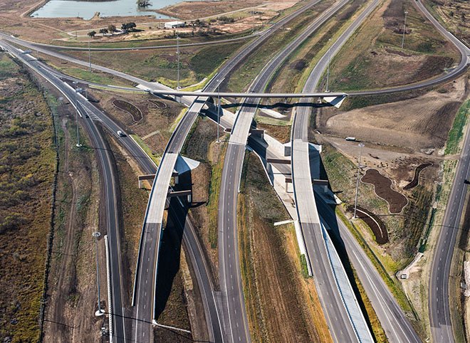 Aerial view of the State Highway 130 toll road and interchange in Texas