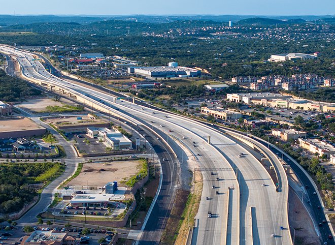Aerial view of the expanded US 281 corridor in San Antonio, Texas
